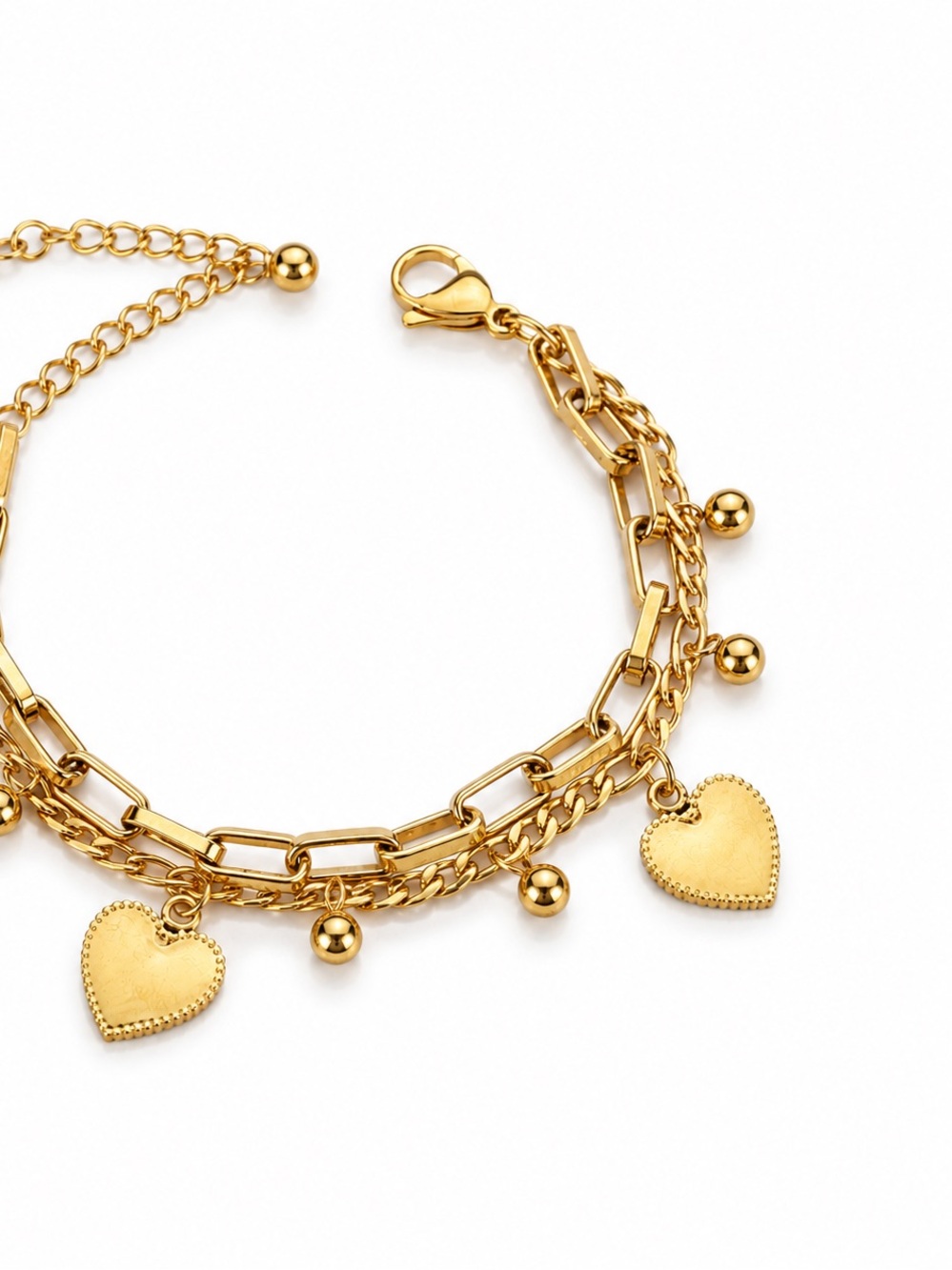 Gold Bracelet Stainless Steel 304– Double Layer Heart Chain Bracelet for Women